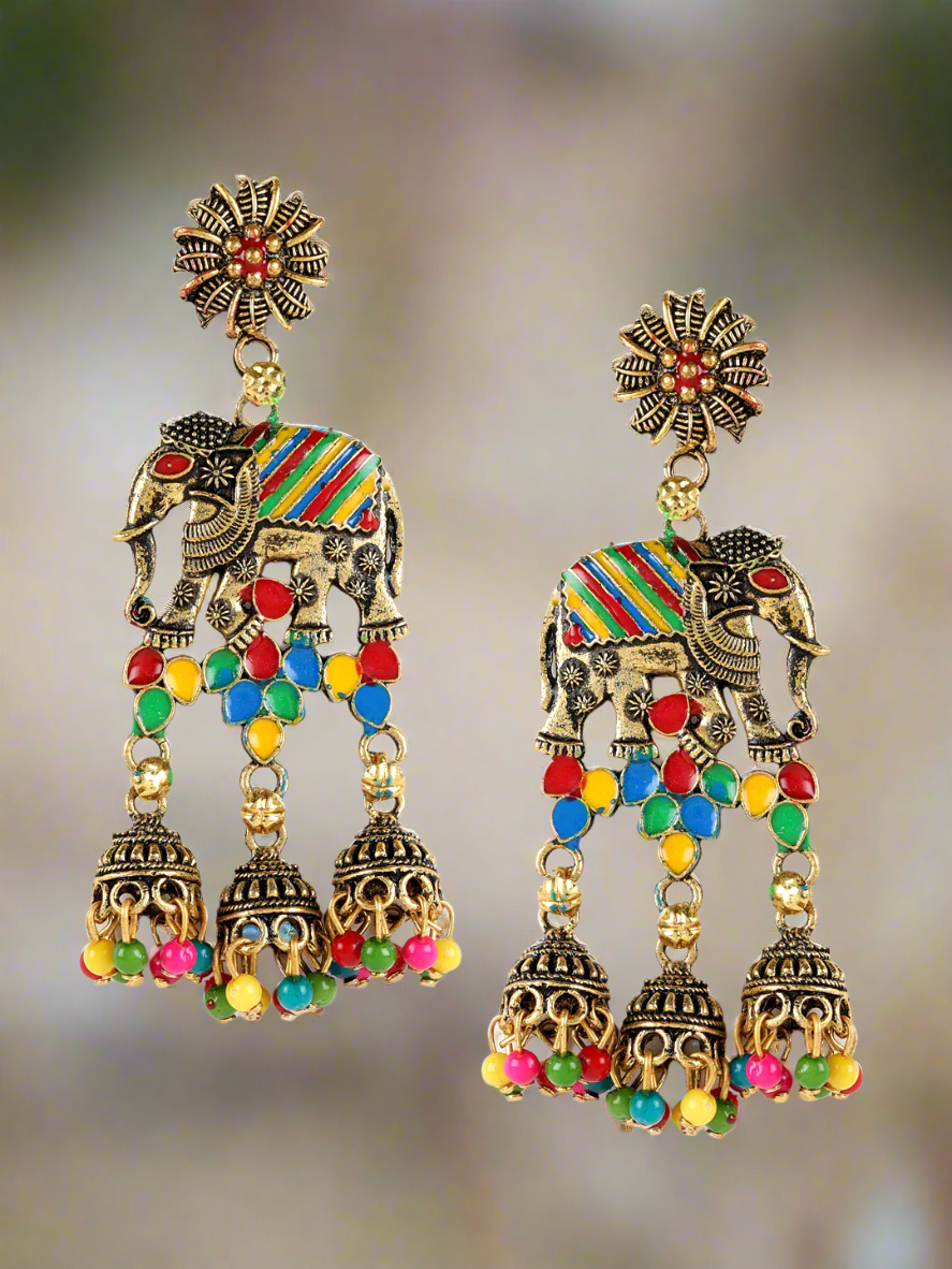 Jazz and sizzle Black Gold Plated Enameled Elephant Motif Ethnic Everyday Jhumka Earrings