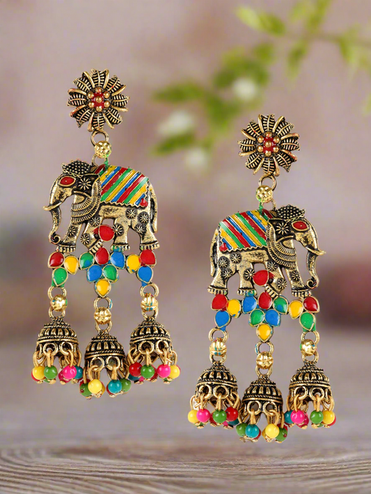 Jazz and sizzle Black Gold Plated Enameled Elephant Motif Ethnic Everyday Jhumka Earringss (Copy)