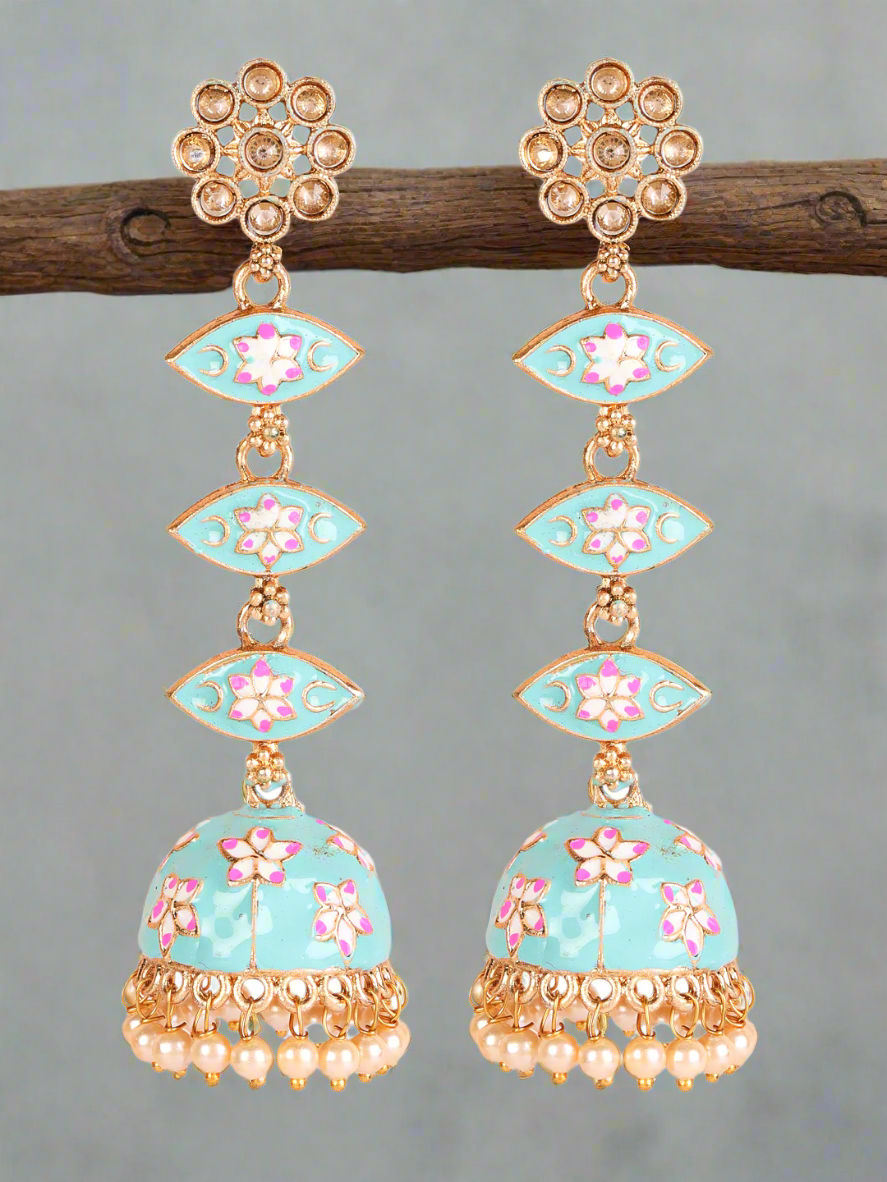 Green & Meenakari Enamel Pink Floral Long Jhumka Earrings