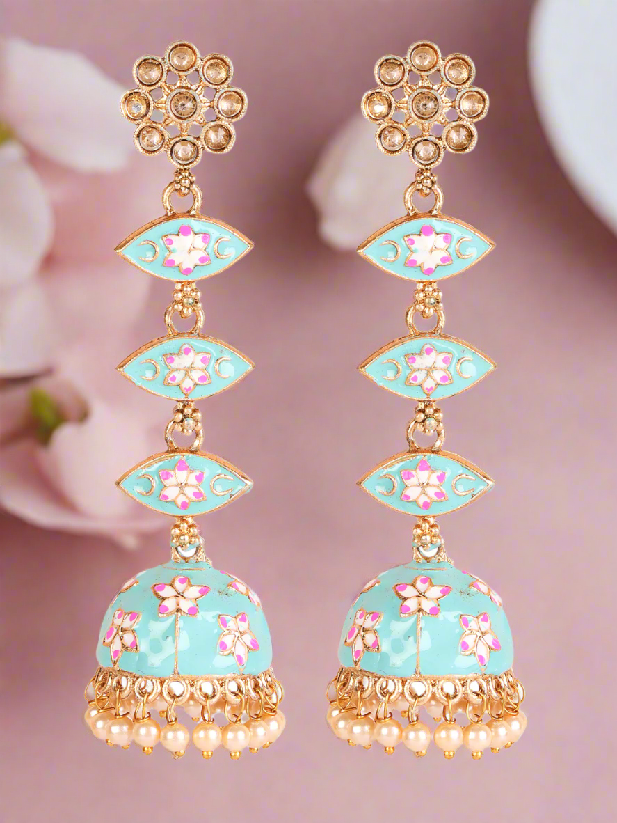 Green & Meenakari Enamel Pink Floral Long Jhumka Earrings