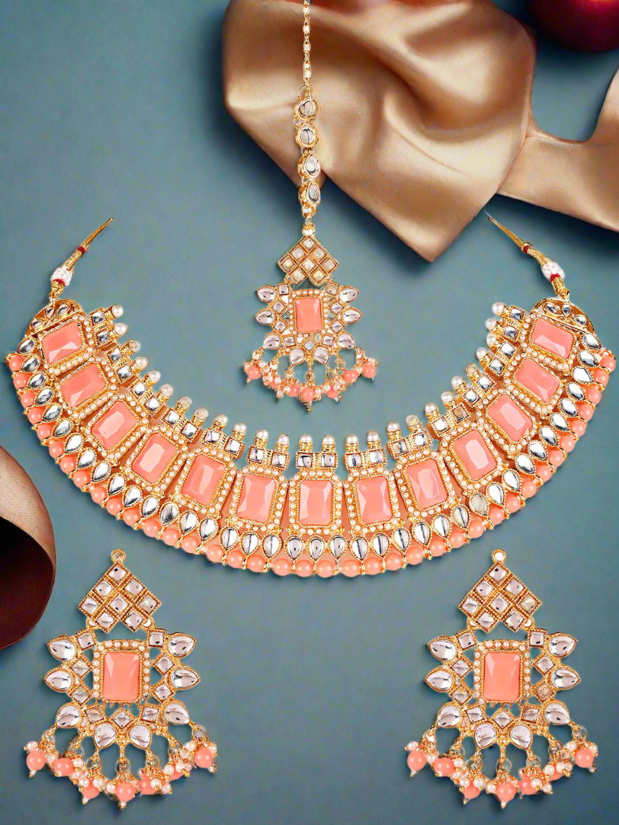 Pink Gold-Plated Kundan Beaded Necklace Set With Maangtika