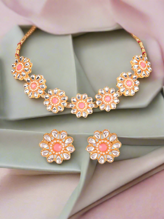 Jazz And Sizzle Gold-Plated White & Pink Kundan-Studded Floral Traditional Jewelry Set