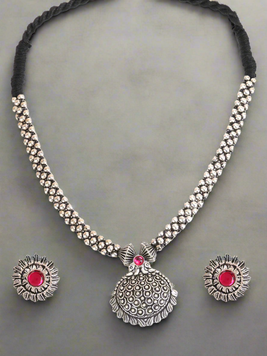 Silver-Toned Oxidized Pink Stone Studded Peacock Jewellery Set