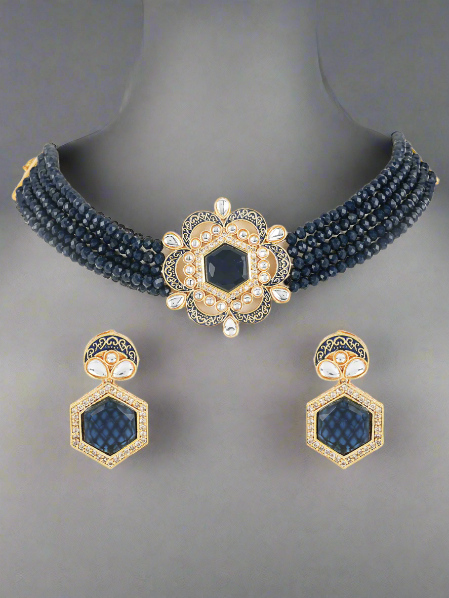 Jazz And Sizzle Blue Kundan Studded & Gold Plated Minakari Choker Set