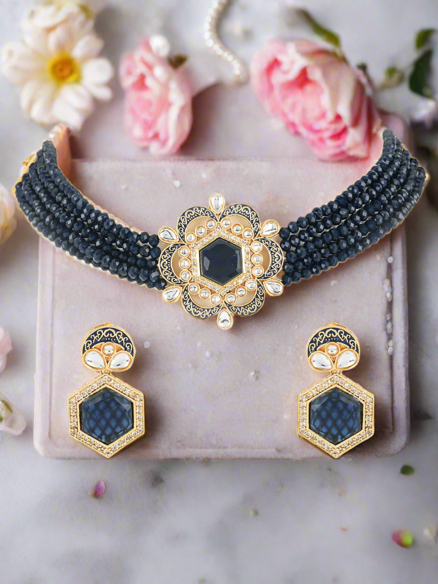 Jazz And Sizzle Blue Kundan Studded & Gold Plated Minakari Choker Set