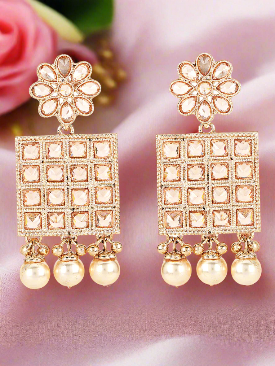 Gold-Plated Kundan Studded Floral Pattern& Square Drop Earrings