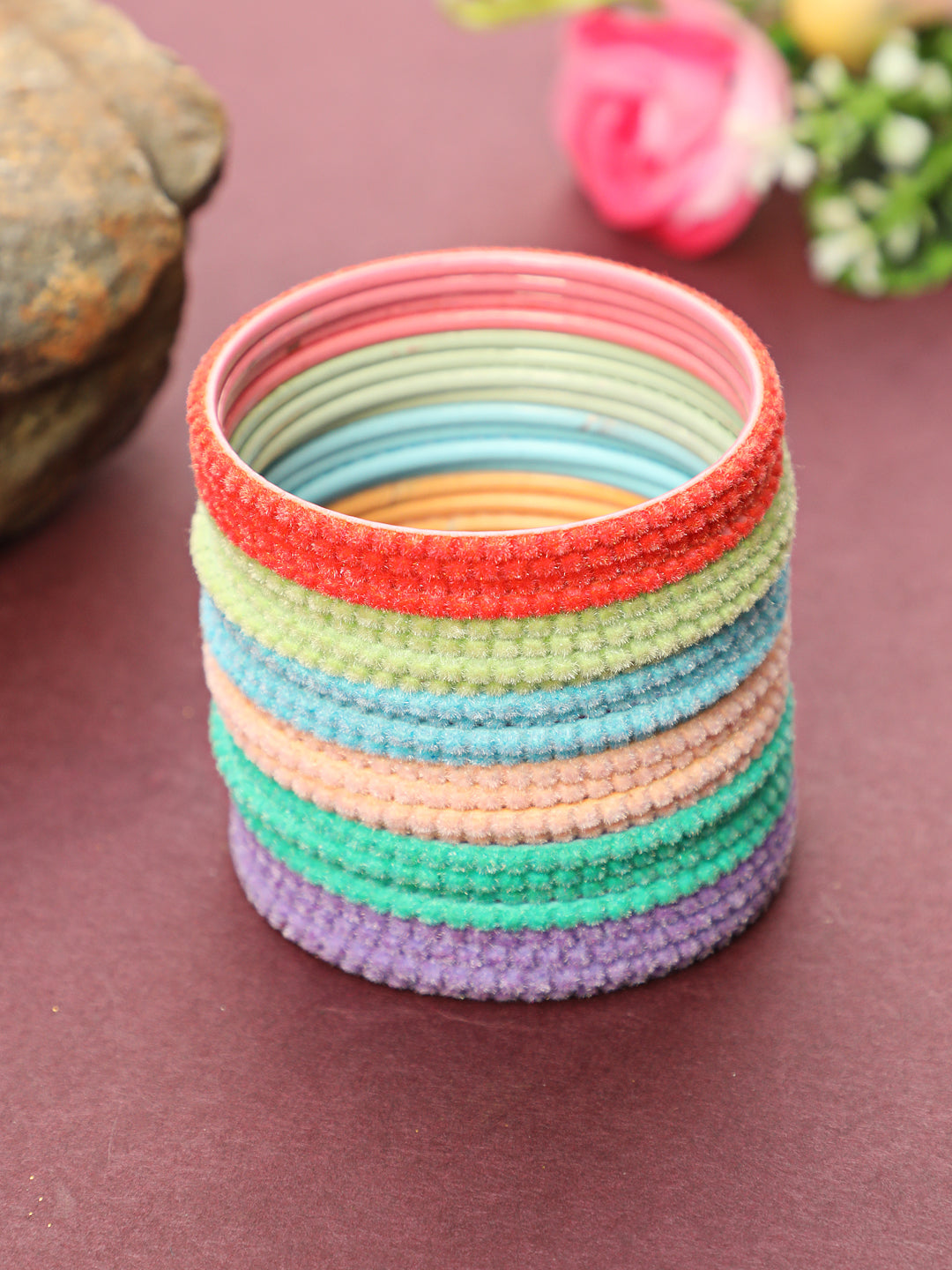 Set of 24 solid handcrafted bangles in Purple, blue, orange, green, red and sea-green - Jazzandsizzle