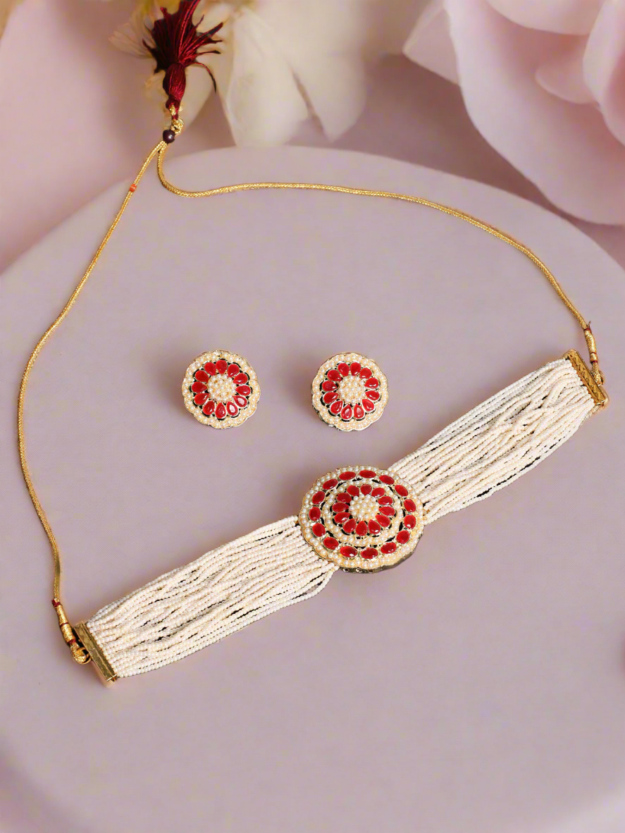 Pink Gold-Plated Kundan Choker Necklace & Earring Set