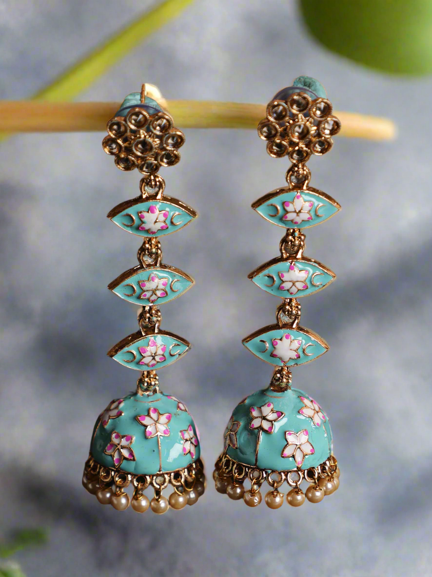 Green & Meenakari Enamel Pink Floral Long Jhumka Earrings