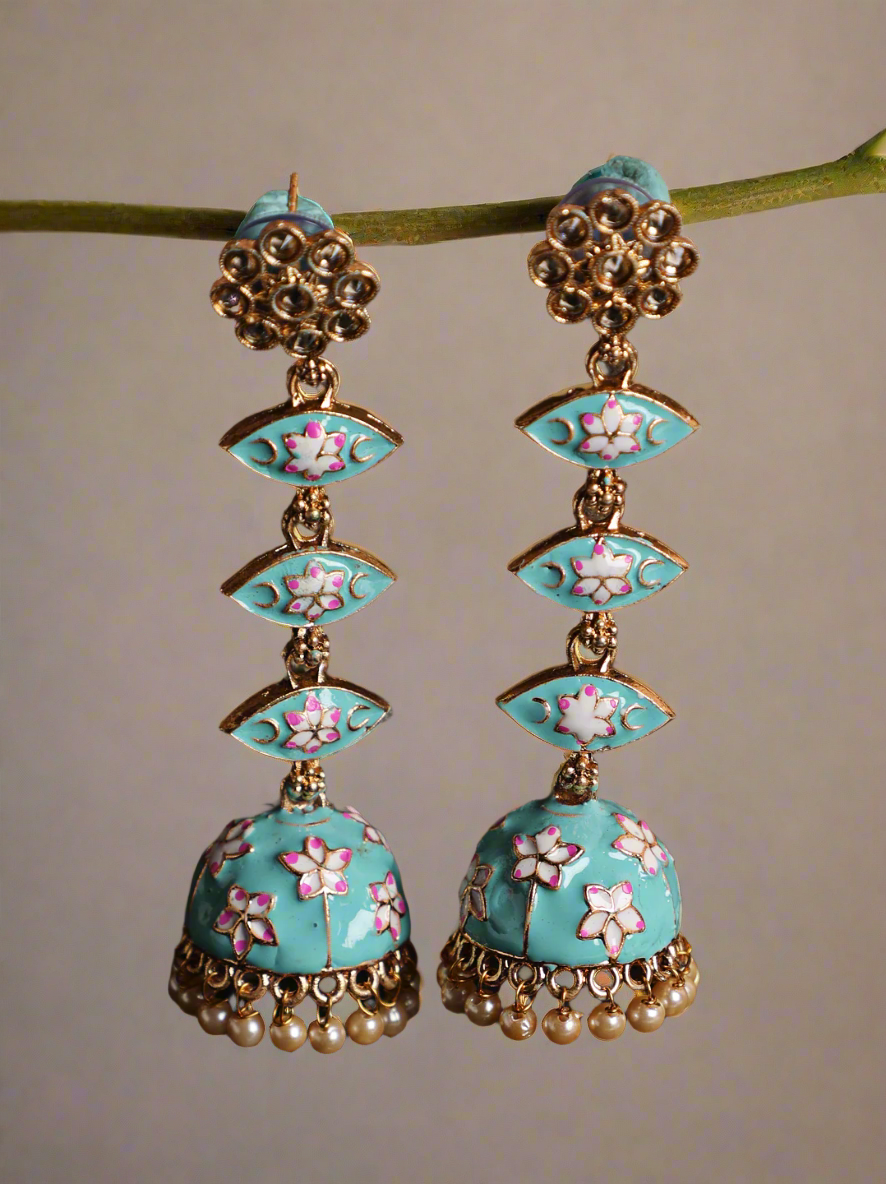 Green & Meenakari Enamel Pink Floral Long Jhumka Earrings