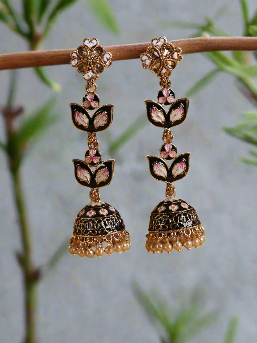 Black & Pink Meenakari Enamel Dome Shaped Long Jhumka Earrings