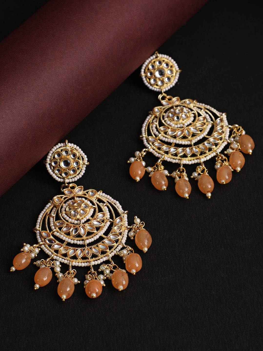 JAZZ AND SIZZLE Artificial Stone Studded & Beaded Chandbali Earrings - Jazzandsizzle