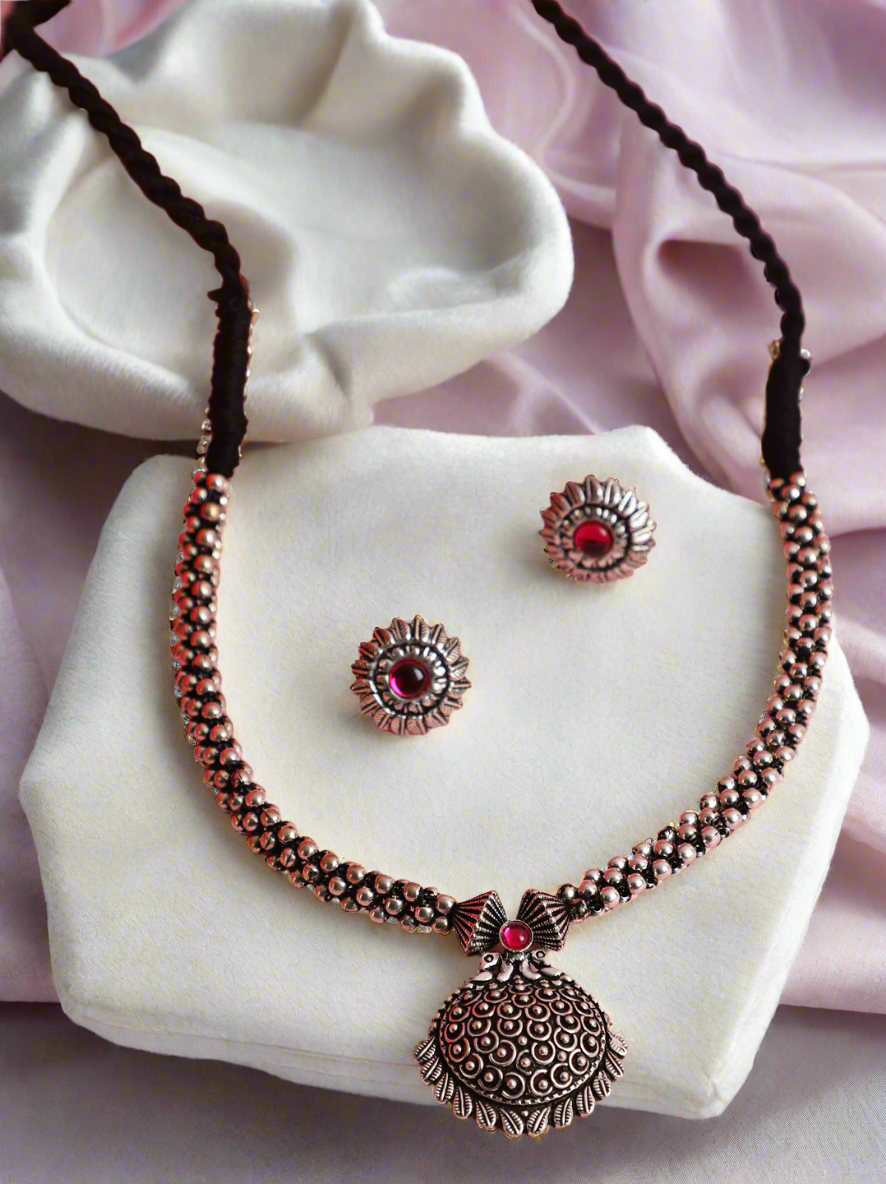 Silver-Toned Oxidized Pink Stone Studded Peacock Jewellery Set