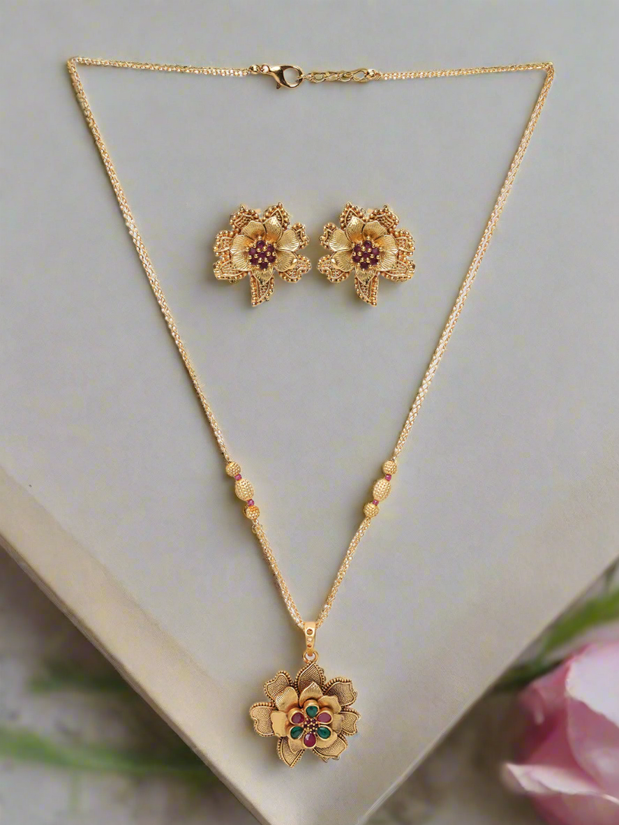 Gold-Plated Maroon & Red Studded Handcrafted Floral Jewellery Set