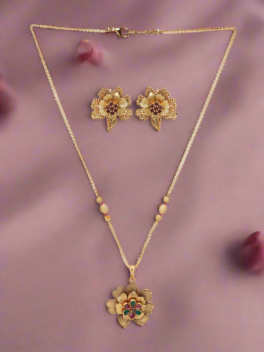 Gold-Plated Maroon & Red Studded Handcrafted Floral Jewellery Set