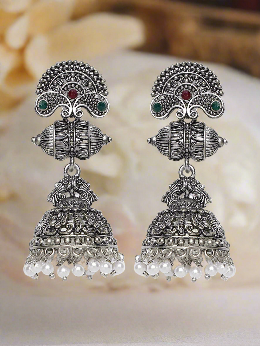 Oxidised Peacock Shaped Silver-Plated Red & Green Stone Studded & Beaded Jhumkas