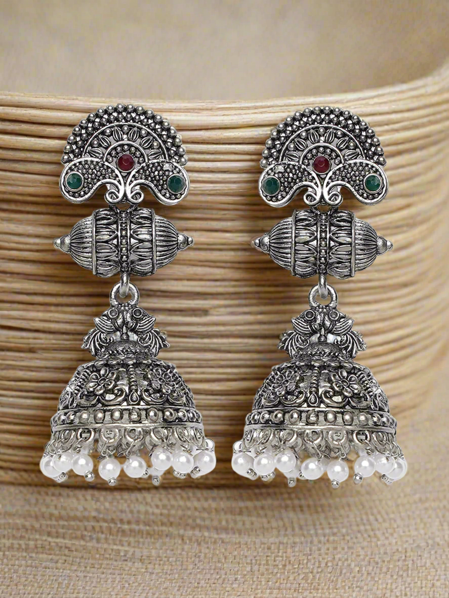 Oxidised Peacock Shaped Silver-Plated Red & Green Stone Studded & Beaded Jhumkas