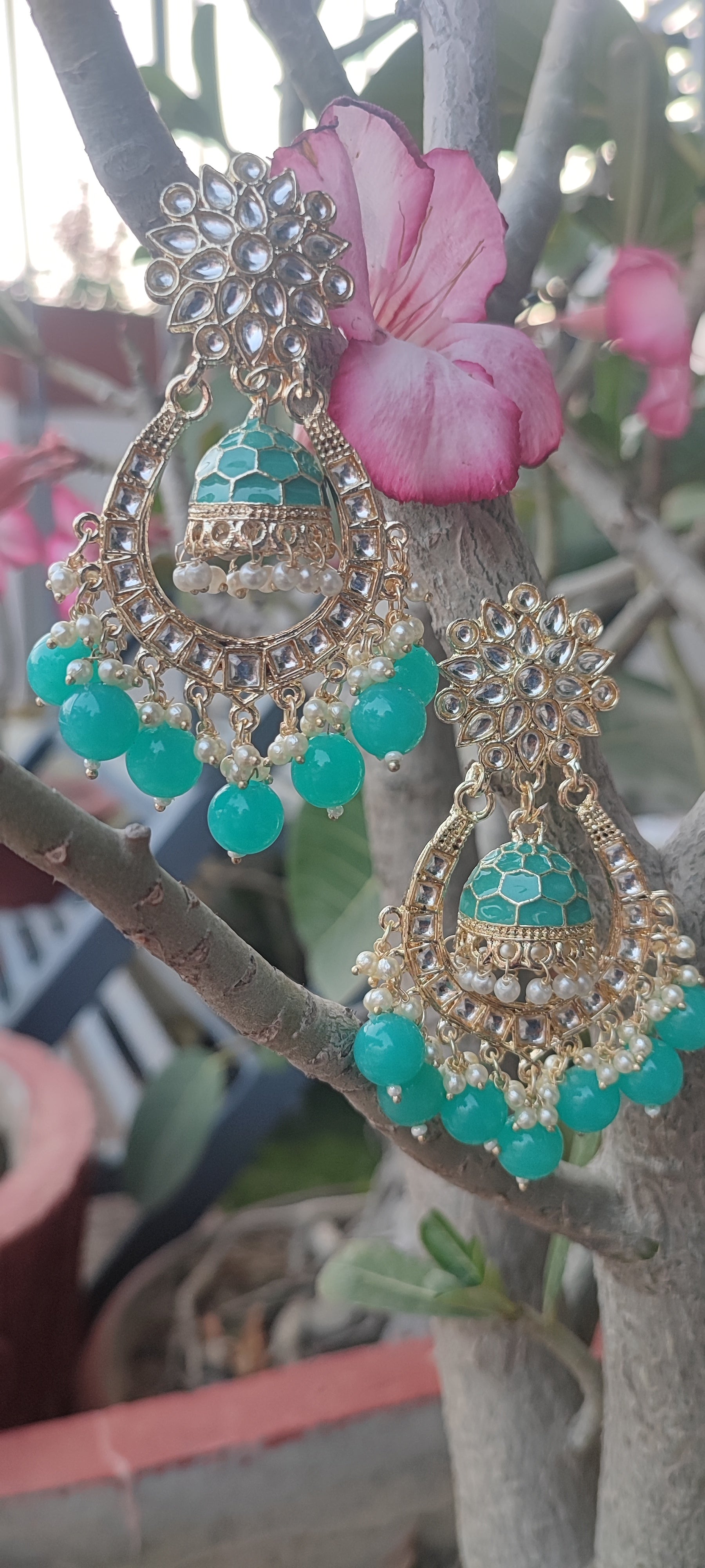 Jazz And Sizzle Gold Plated & Pearl Beaded Minakari Chandbali Earrings