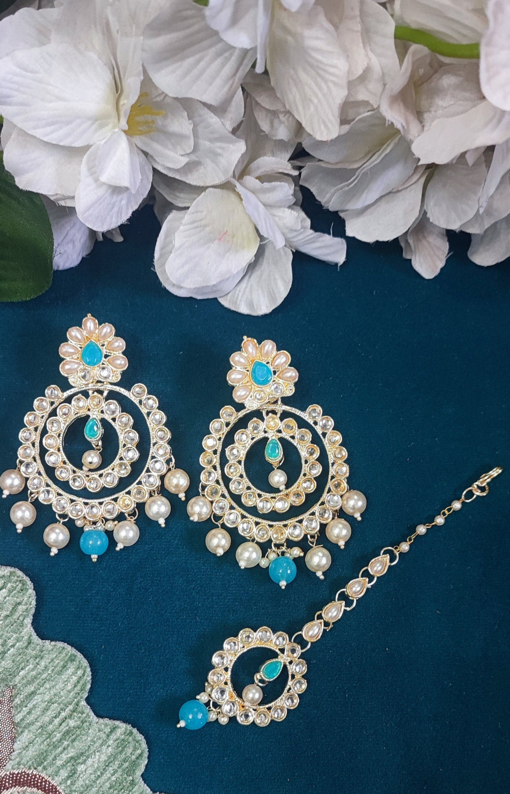 Jazz And Sizzle Gold Plated & Pearl Beaded Kundan Studded Chandbali Earrings with Maangtika