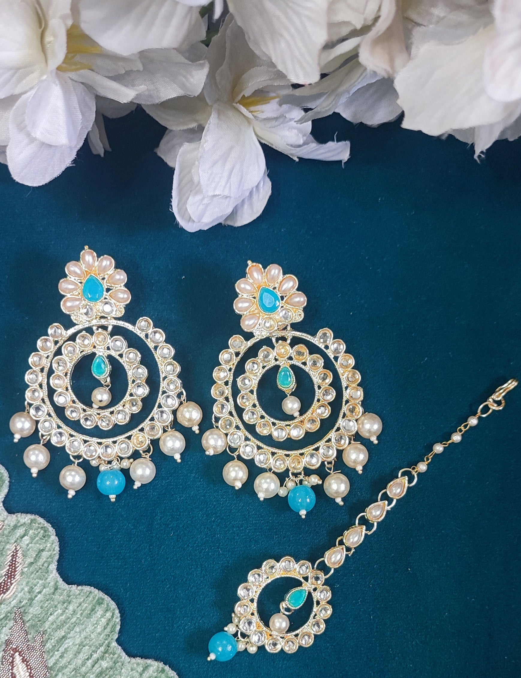 Jazz And Sizzle Gold Plated & Pearl Beaded Kundan Studded Chandbali Earrings with Maangtika