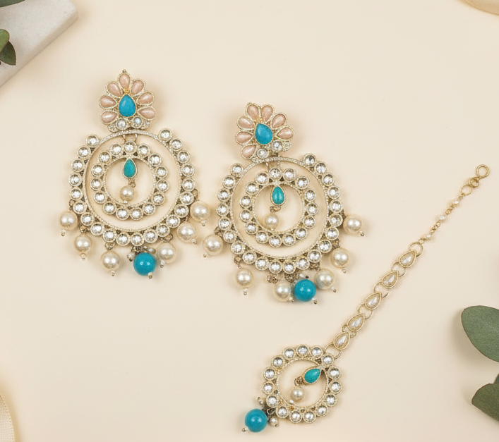 Aatmana By J&S Gold Plated & Pearl Beaded Kundan Studded Chandbali Earrings with Maangtika