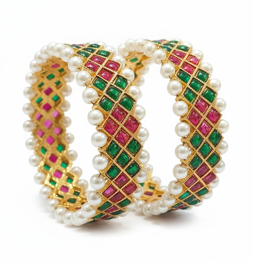 Jazz And Sizzle Set Of 2 Gold Plated Artificial Stone Studded & Pearl Beaded Bangles