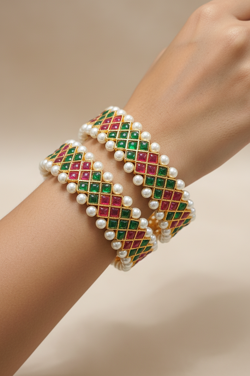 Jazz And Sizzle Set Of 2 Gold Plated Artificial Stone Studded & Pearl Beaded Bangles