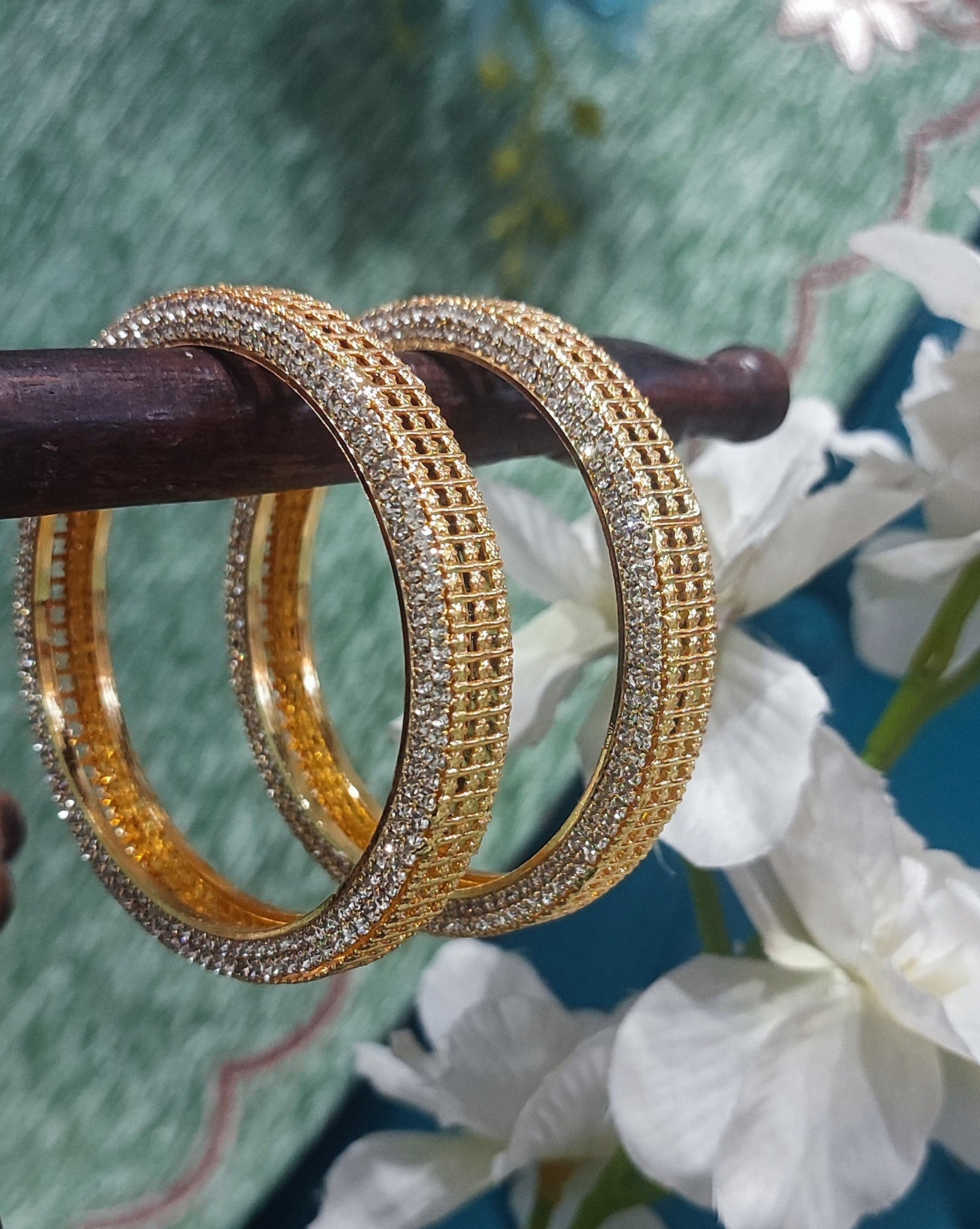 Jazz And Sizzle Set Of 2 Gold Plated CZ Studded Bangles