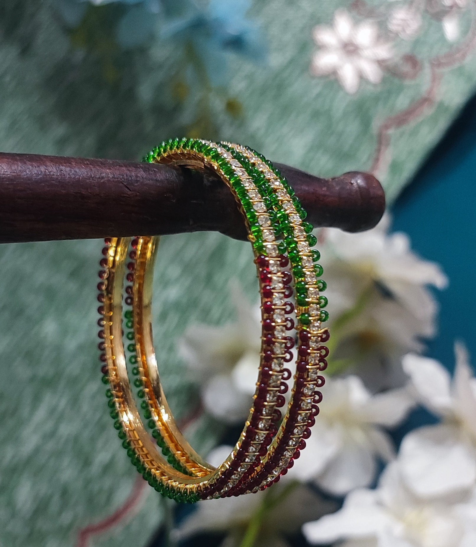 Jazz And Sizzle Set Of 2 Gold Plated CZ Studded & Pearl Beaded Bangles