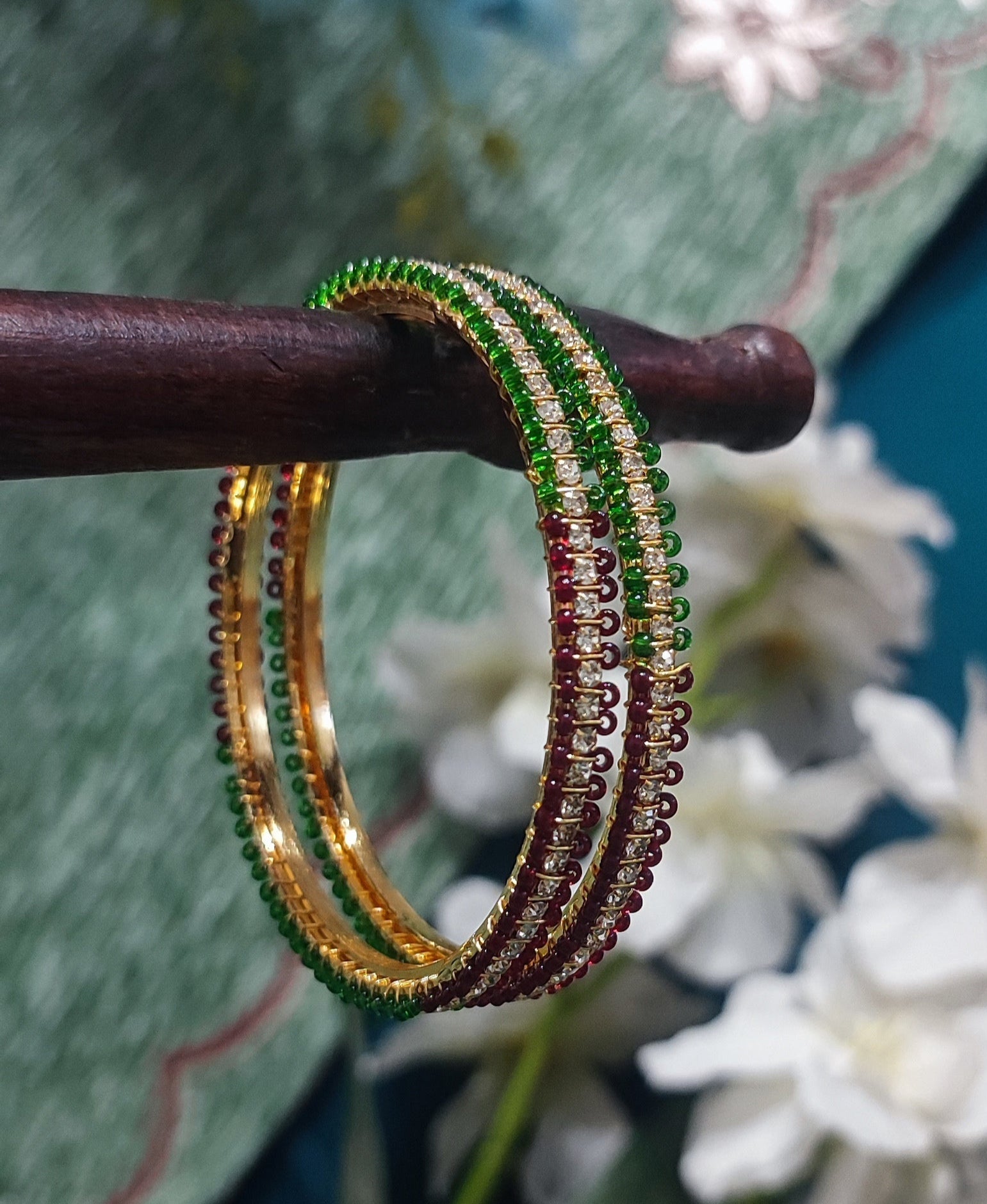 Jazz And Sizzle Set Of 2 Gold Plated CZ Studded & Pearl Beaded Bangles