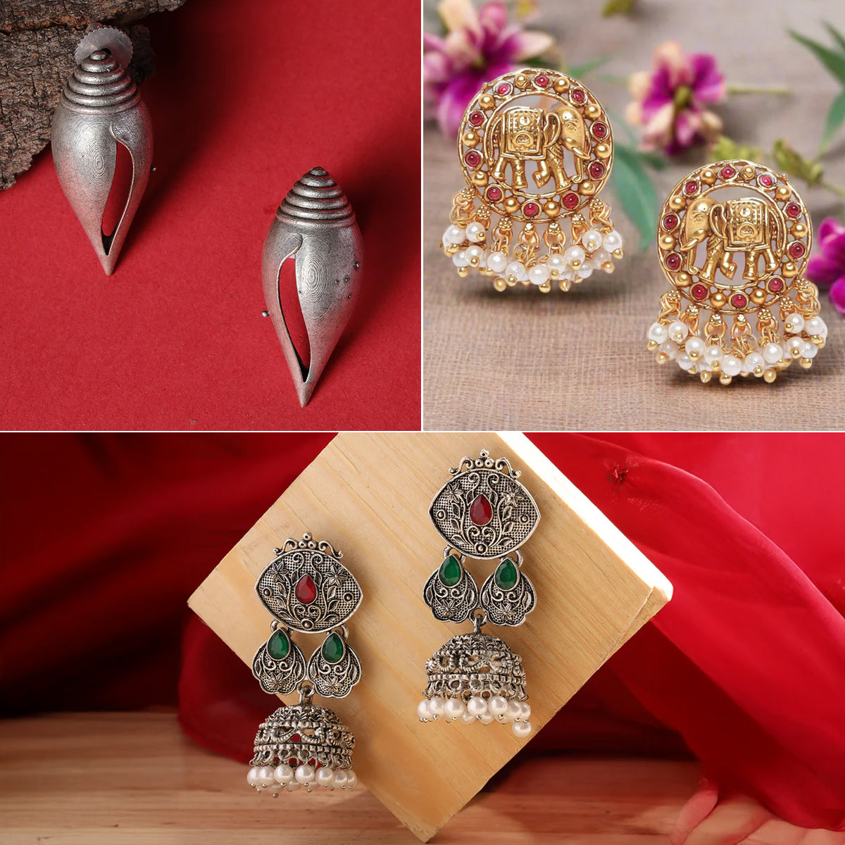 Jazz And Sizzle Set Of 3 Oxidized & Gold Plated Shell, Elephant & Floral Earrings Combo