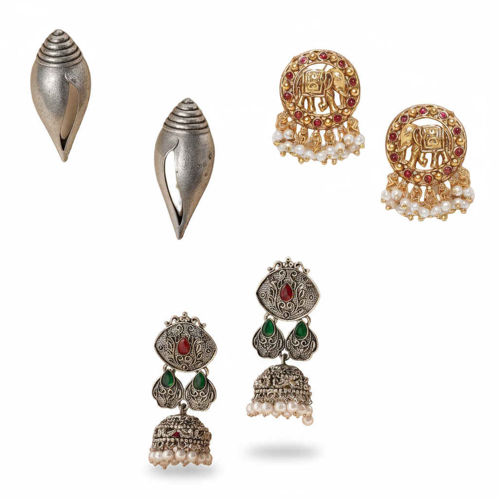 Jazz And Sizzle Set Of 3 Oxidized & Gold Plated Shell, Elephant & Floral Earrings Combo