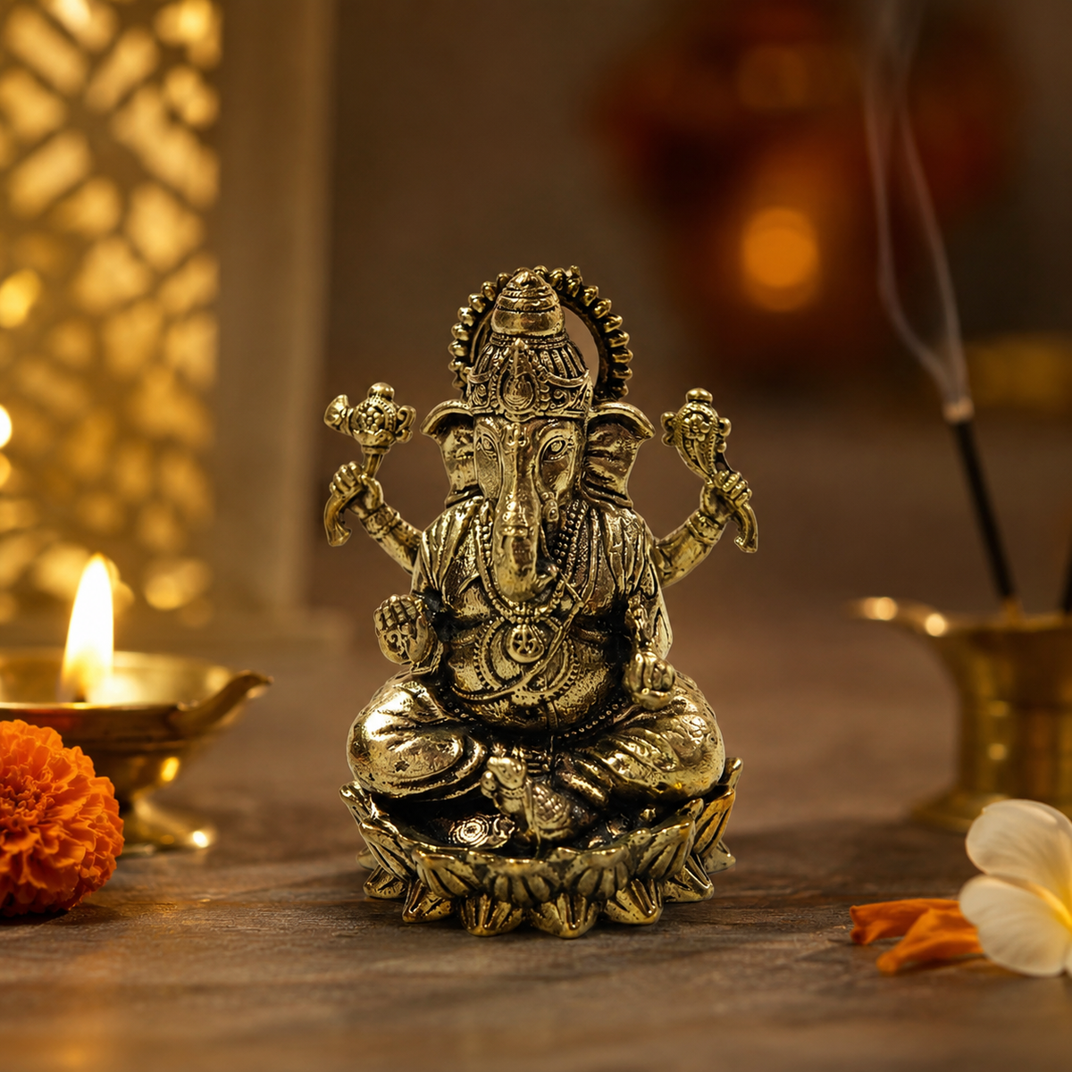 Antique Gold-Toned Brass Lord Ganesha Idol for Home, Office & Car Dashboard-IDL-0012