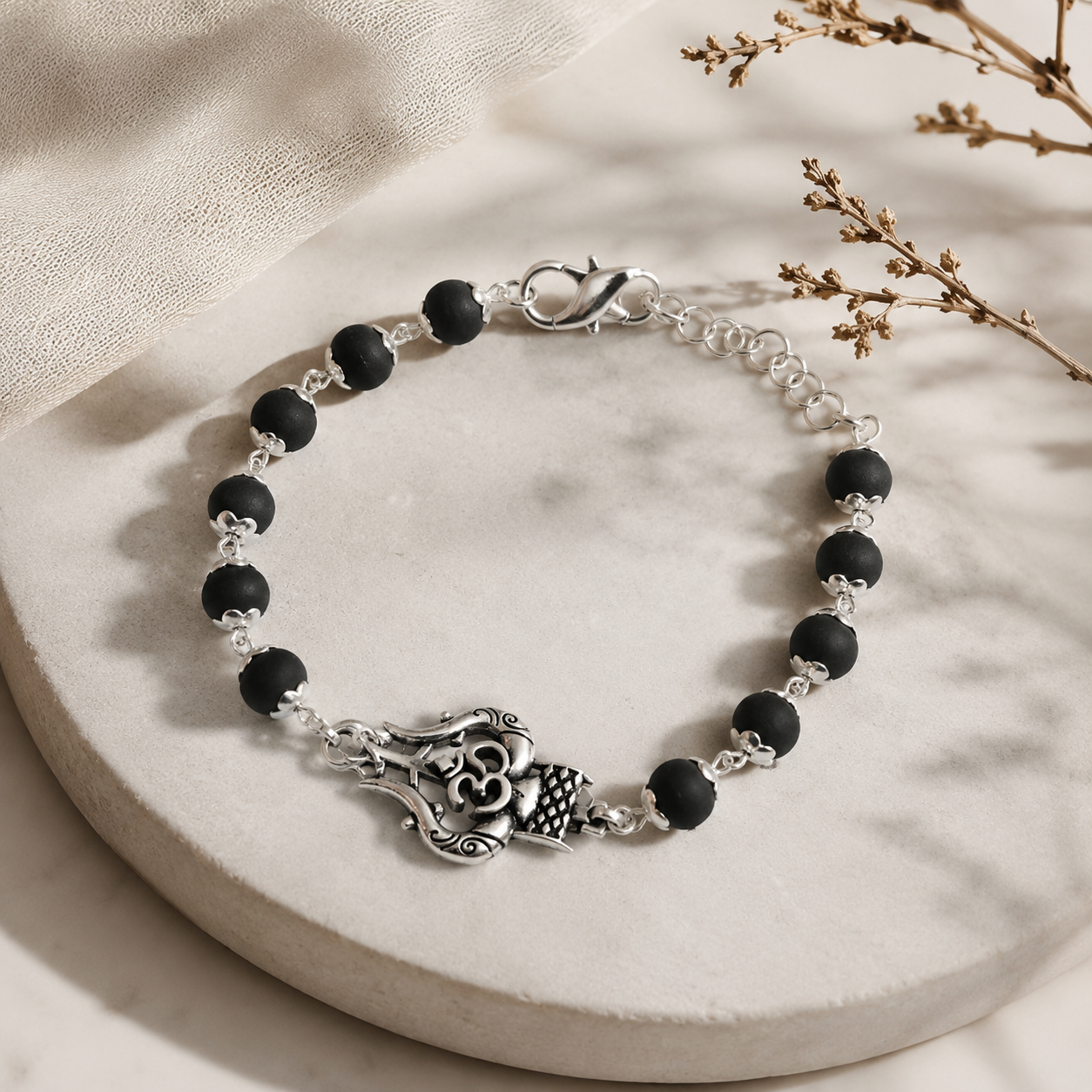 Silver-Toned Om Trishul Black Beaded Spiritual Bracelet for Men-JS-SBR-029