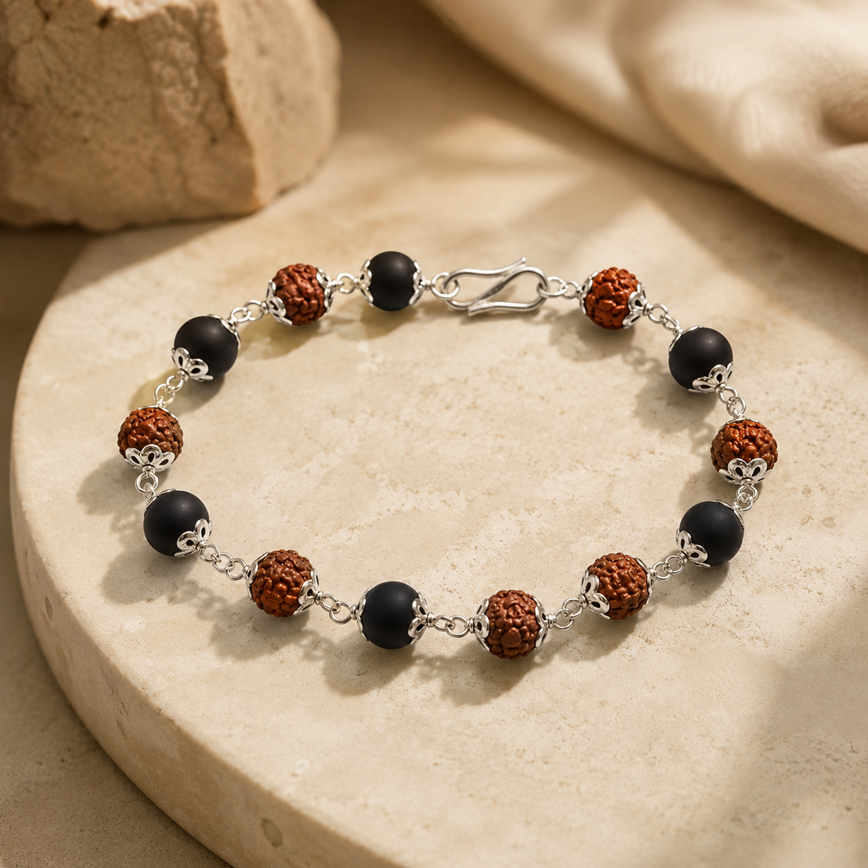 Rudraksha & Black Beaded Silver-Toned Spiritual Bracelet for Men-JS-SBR-030
