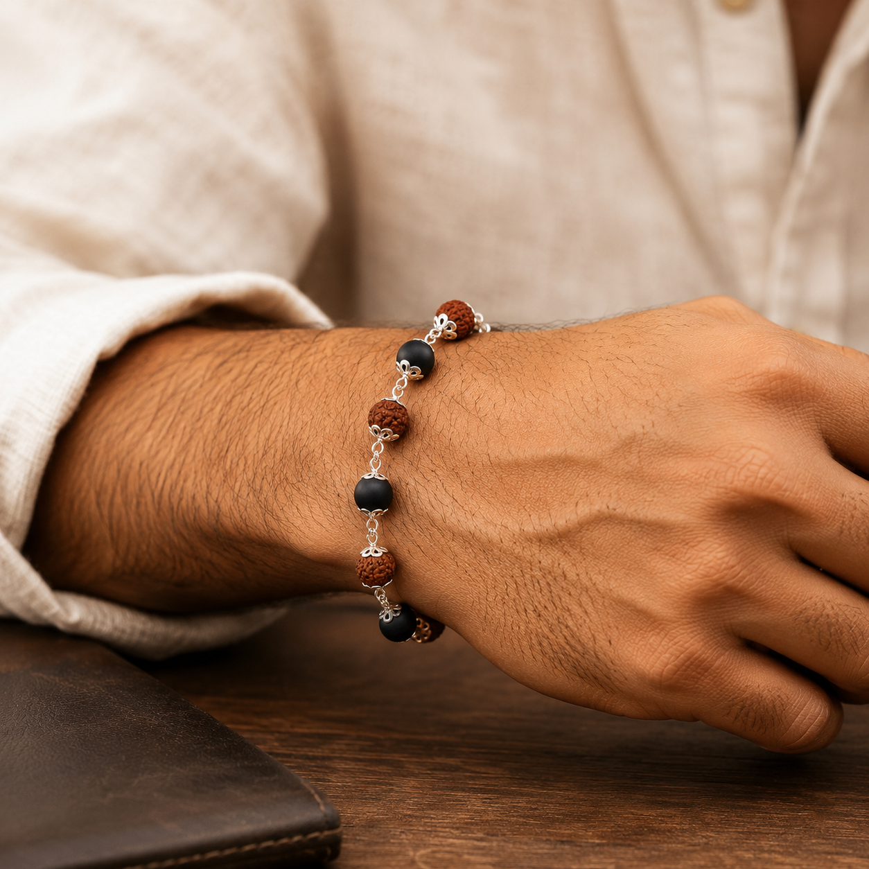 Rudraksha & Black Beaded Silver-Toned Spiritual Bracelet for Men-JS-SBR-030