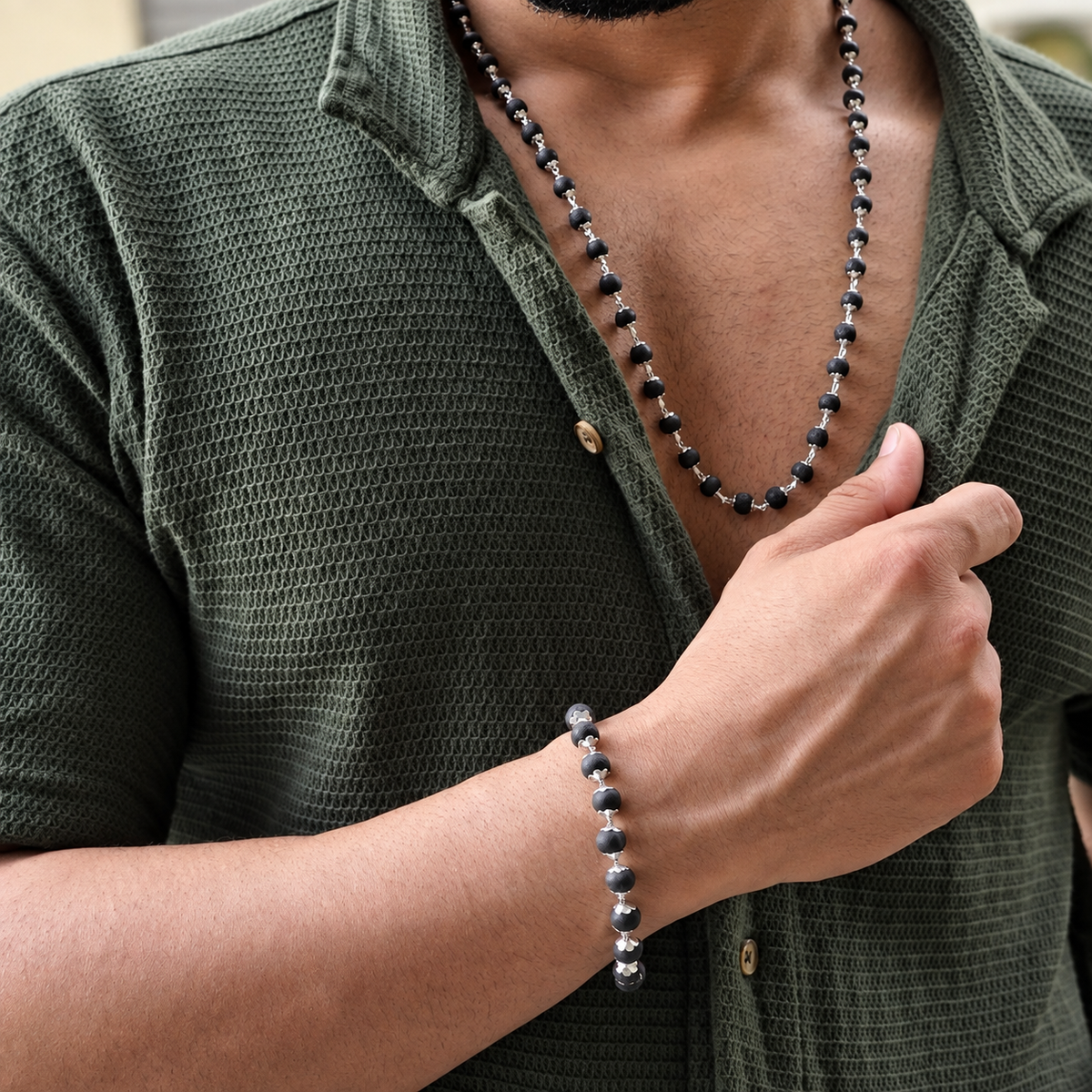 Silver Plated Karungali Mala + Karungali Bracelet Combo For Men-JS-SNC-0014