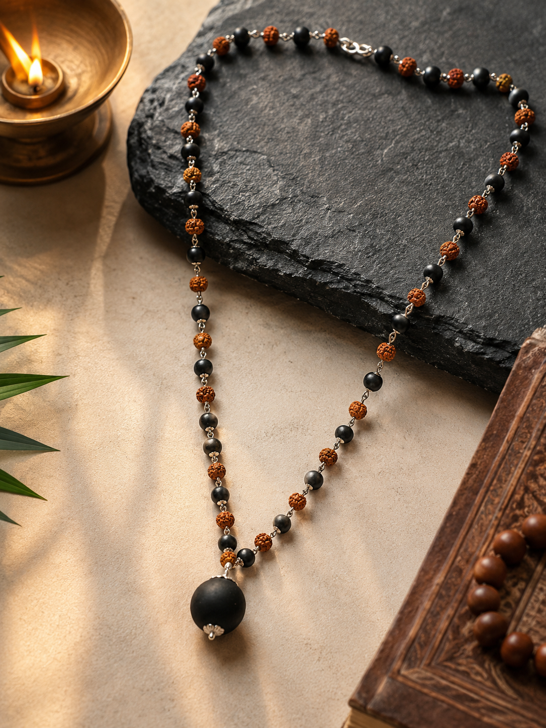 Rudraksha & Black Beaded Spiritual Mala Necklace for Men-JS-SNC-020
