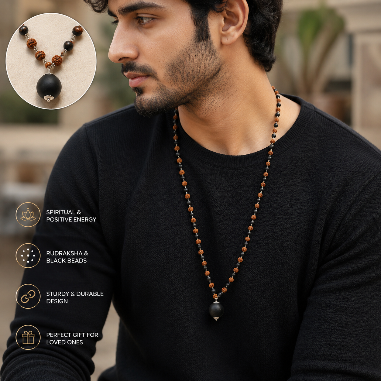 Rudraksha & Black Beaded Spiritual Mala Necklace for Men-JS-SNC-020