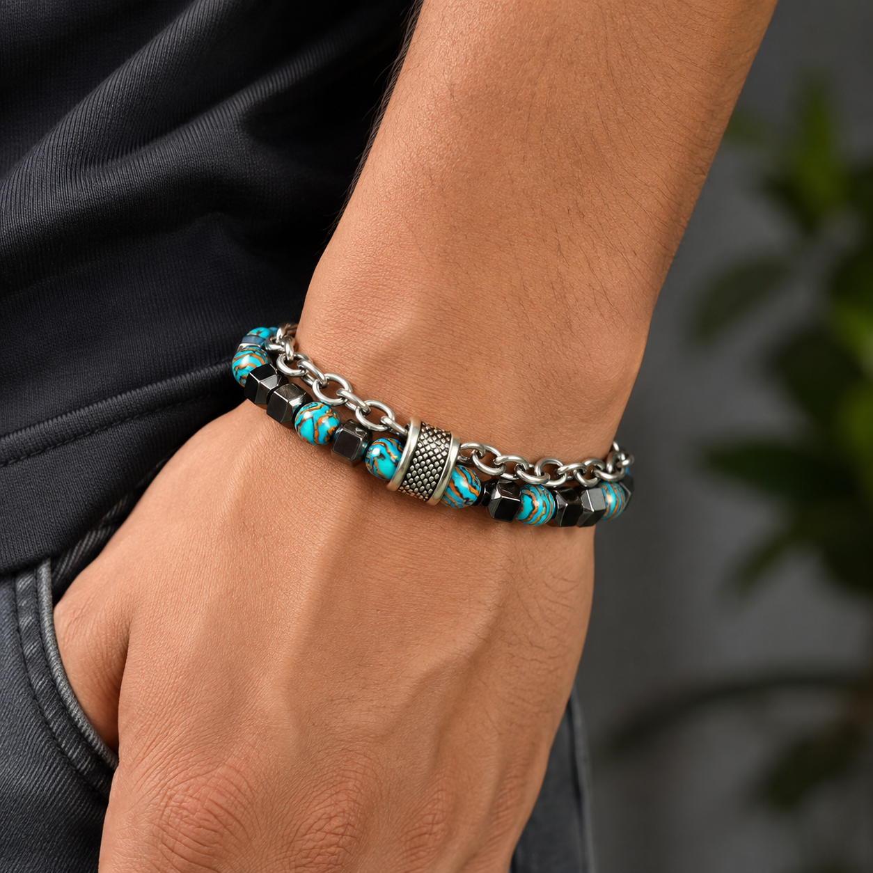 Men’s Stainless Steel Beaded Bracelet | Blue Stone Beads with Chain Design | Anti-Tarnish |