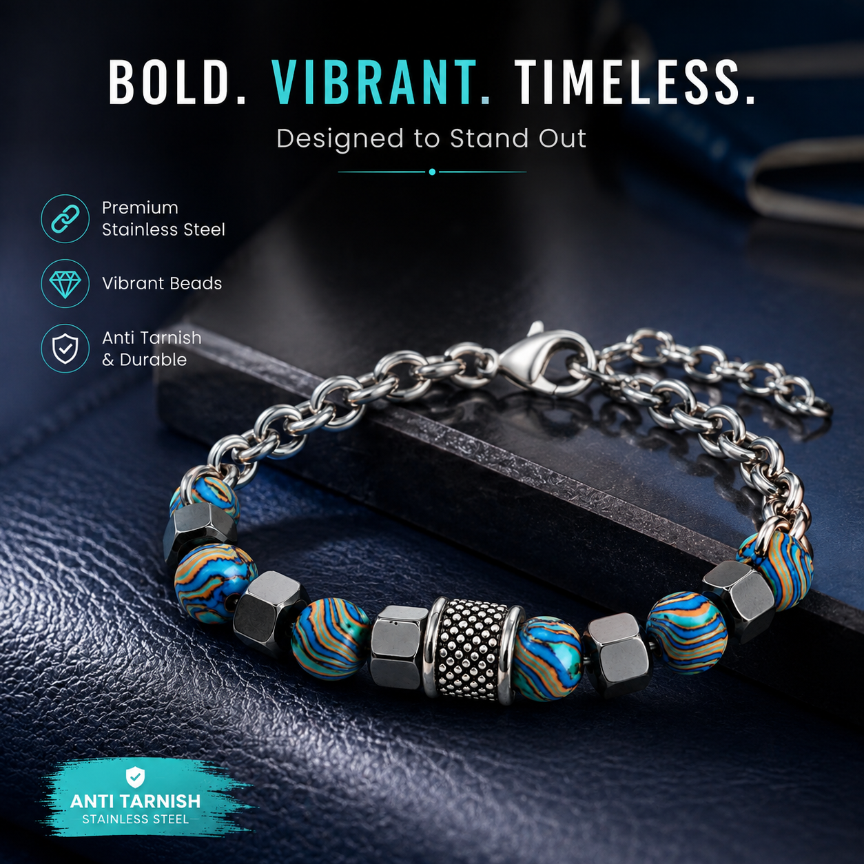 Men’s Stainless Steel Beaded Bracelet | Blue Stone Beads with Chain Design | Anti-Tarnish |