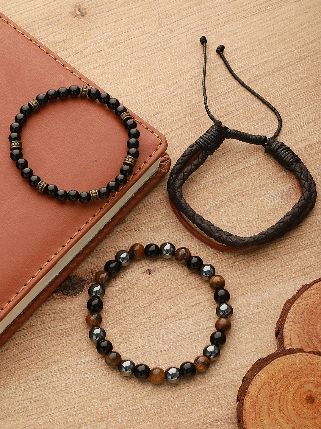 Men Pack of 3 Brown and Black Elasticated Semi Precious Beaded bracelet - Jazzandsizzle