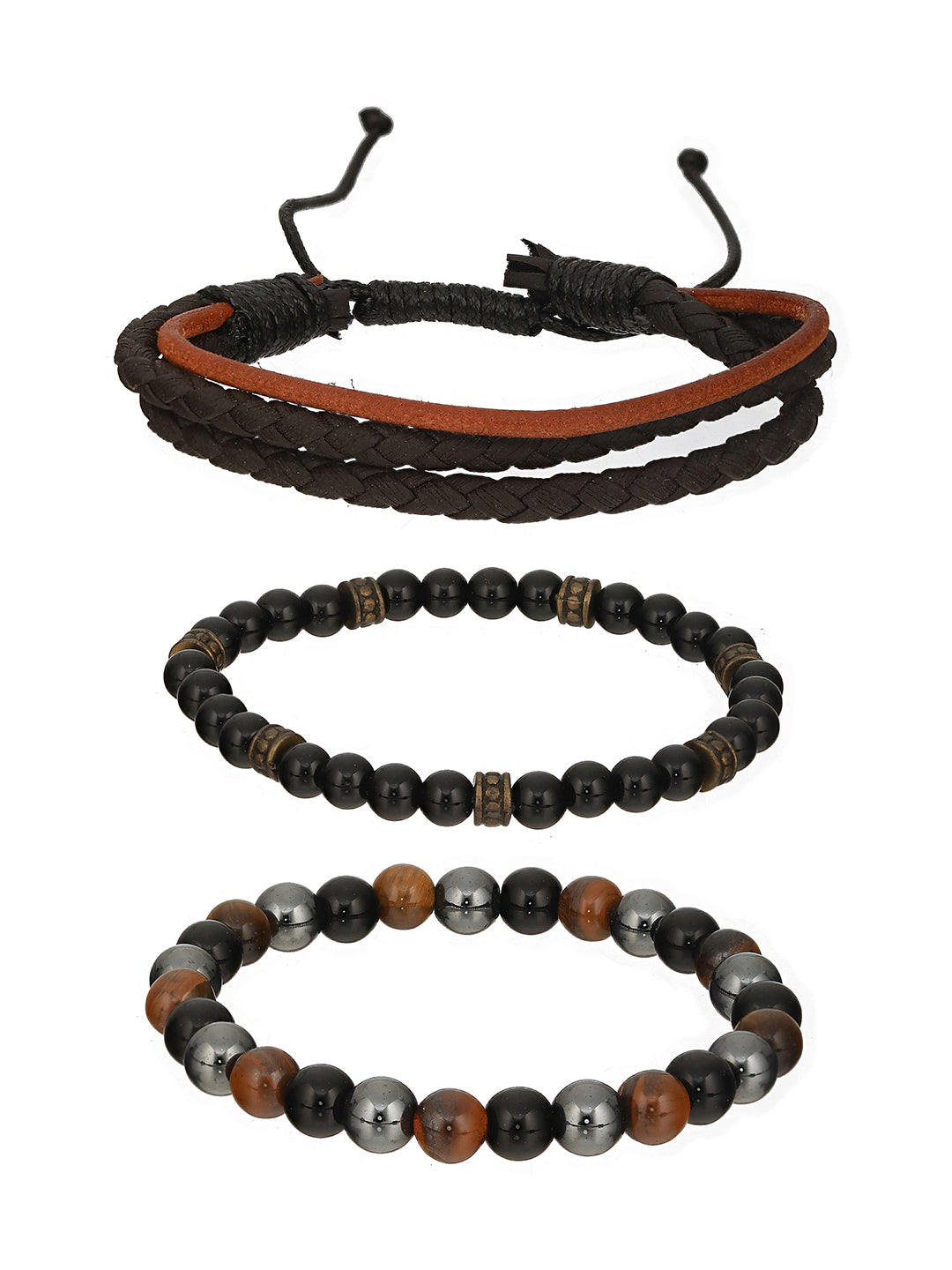 Men Pack of 3 Brown and Black Elasticated Semi Precious Beaded bracelet - Jazzandsizzle