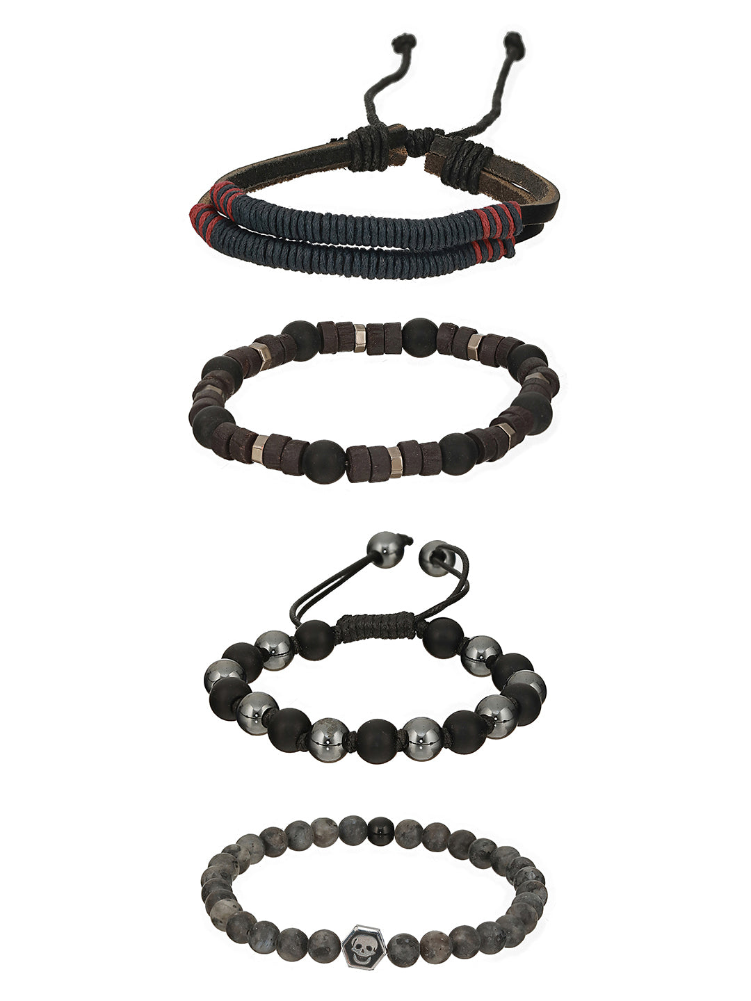 Men Pack of 4 Blue & Black-Coloured Leather & Beads Wraparound Bracelet - Jazzandsizzle