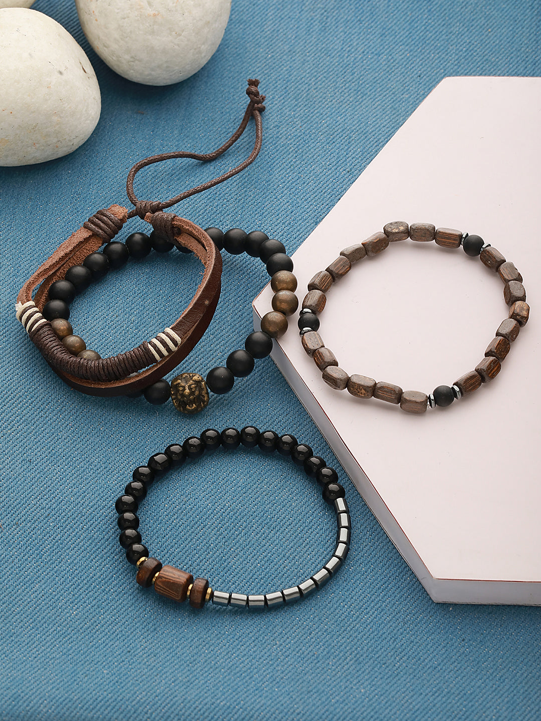 Men Pack of 4 Brown & Black-Coloured Leather & Beads Wraparound Bracelet - Jazzandsizzle