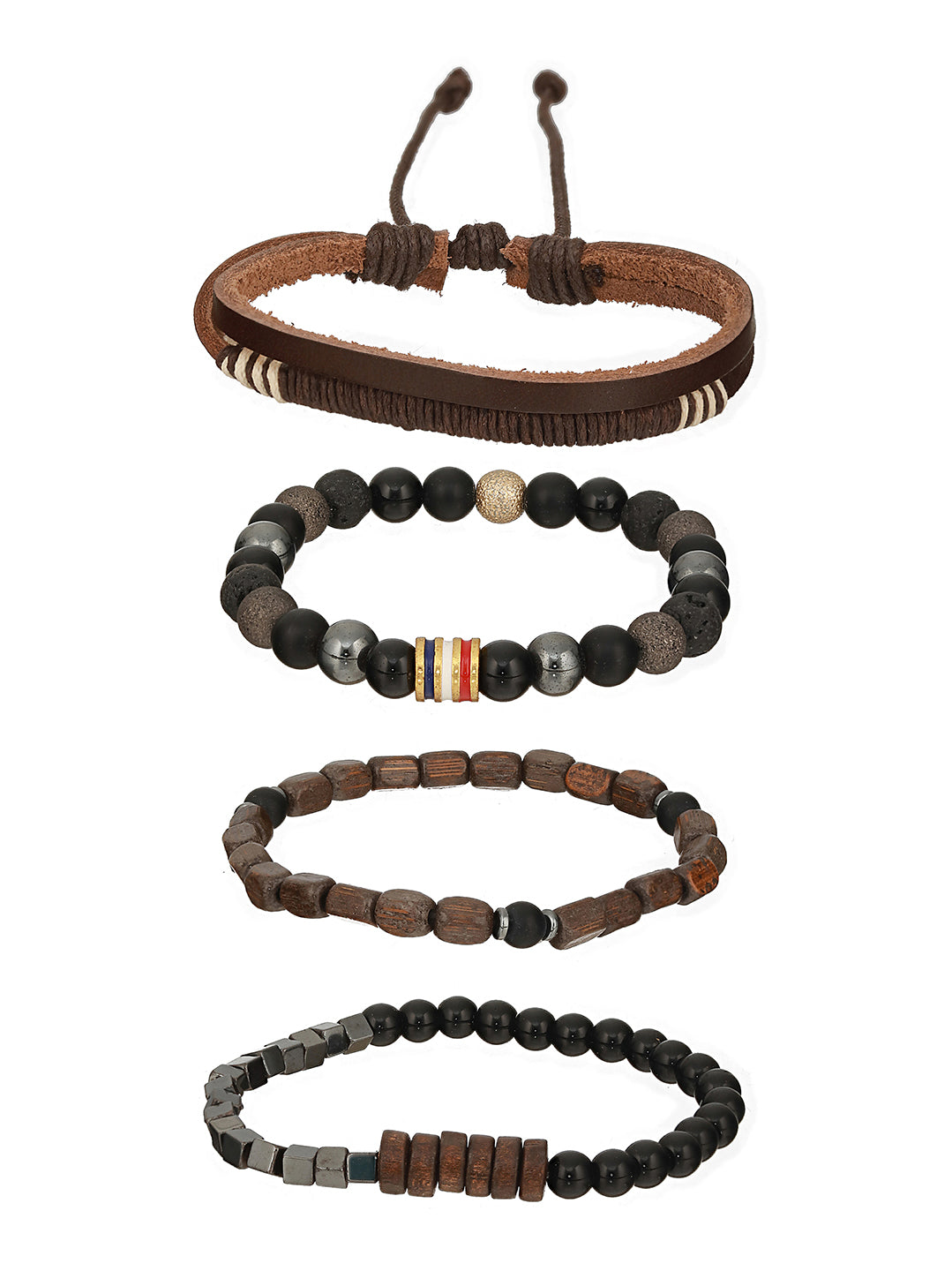 Men Pack of 4 Brown & Black-Coloured Leather & Beads Wraparound Bracelet - Jazzandsizzle