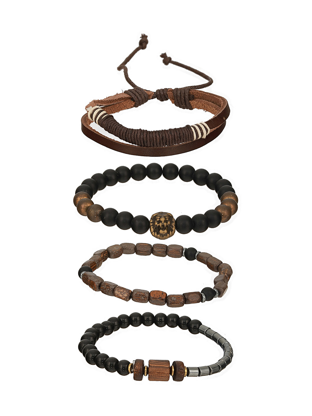 Men Pack of 4 Brown & Coffee Brown Beads Leather Bracelet - Jazzandsizzle