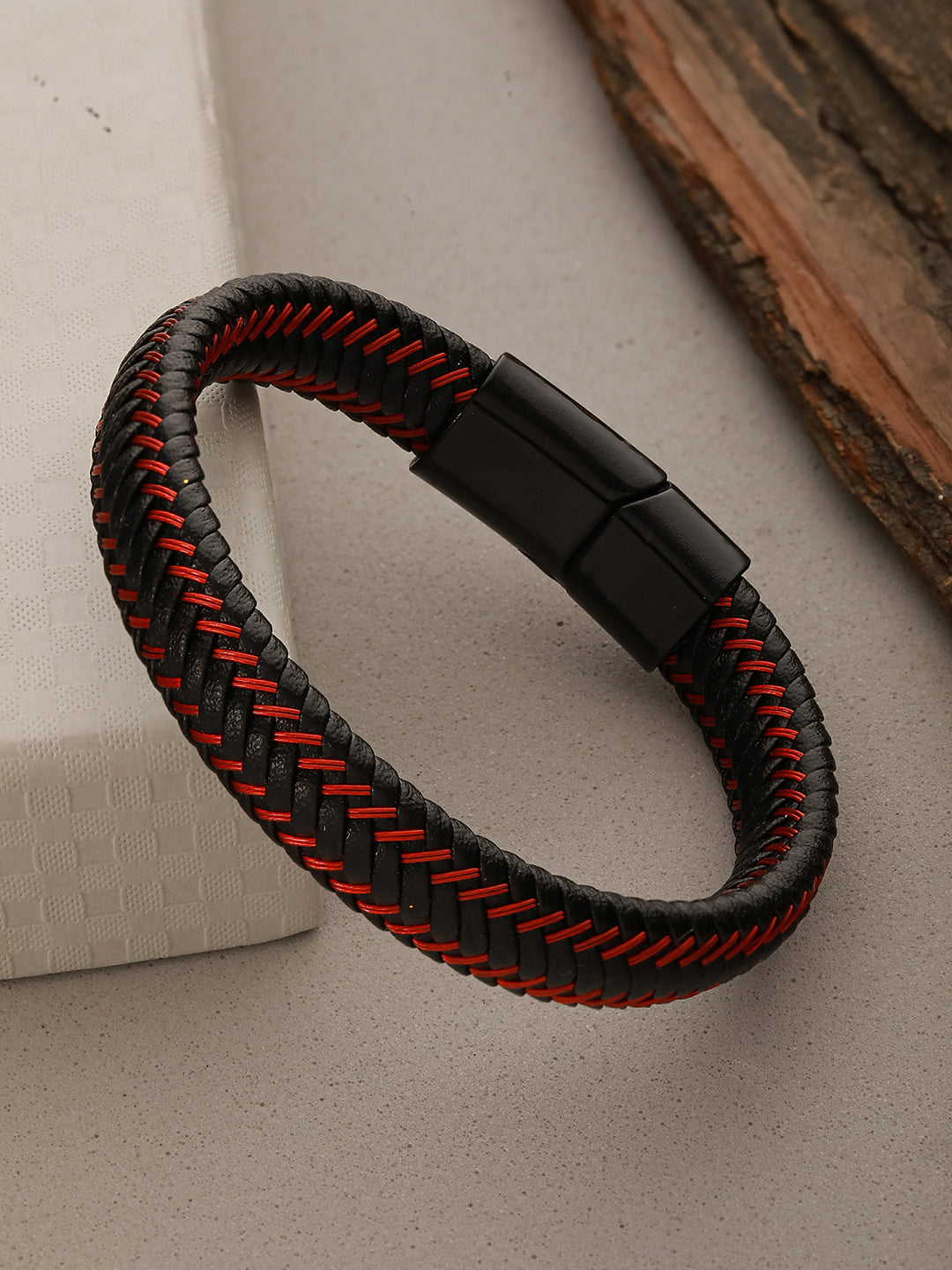 Men Black & Red Leather Wraparound Bracelet
