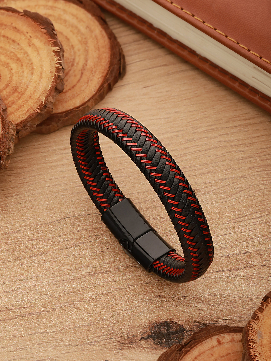 Men Black & Red Leather Wraparound Bracelet - Jazzandsizzle