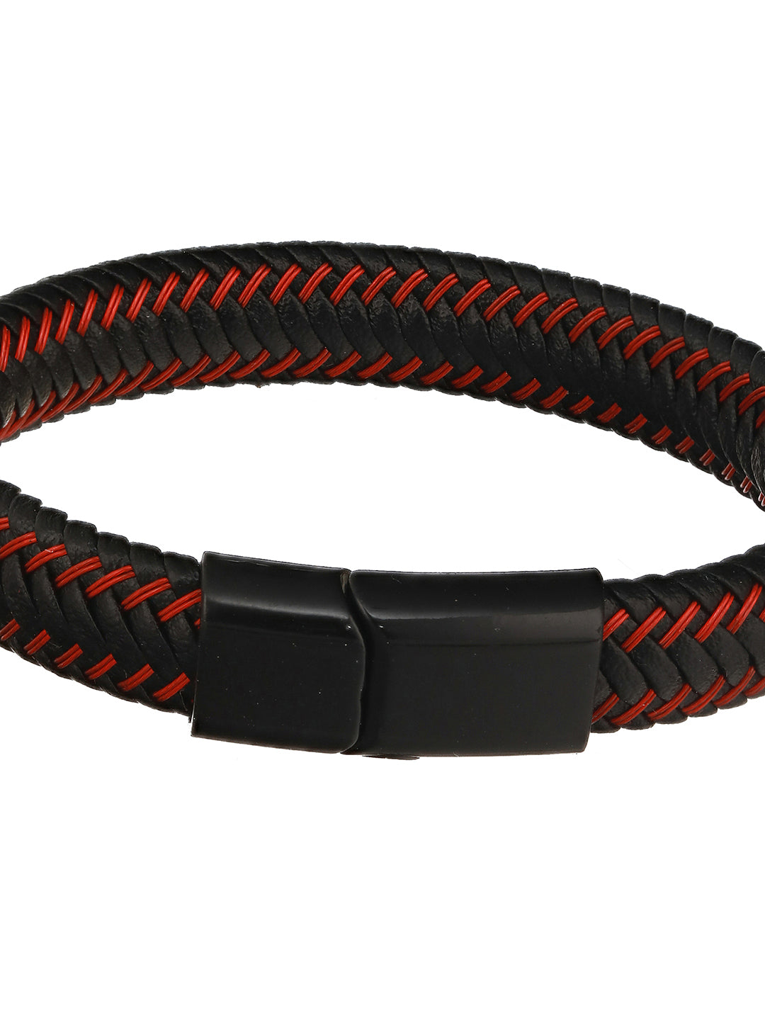 Men Black & Red Leather Wraparound Bracelet